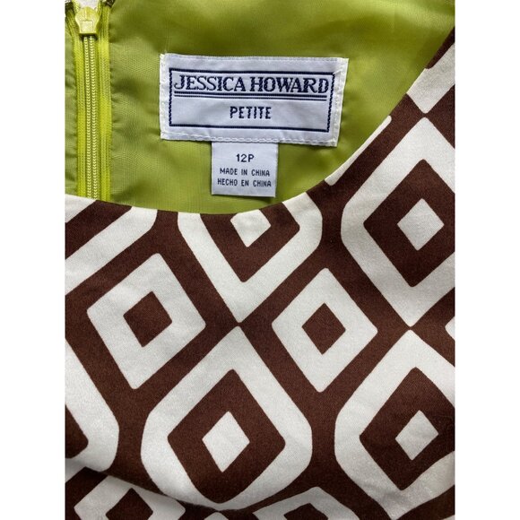 Jessica‎ Howard Dress Womens 12P Sleeveless Brown Geometric Green Ribbon Belt - Picture 3 of 11